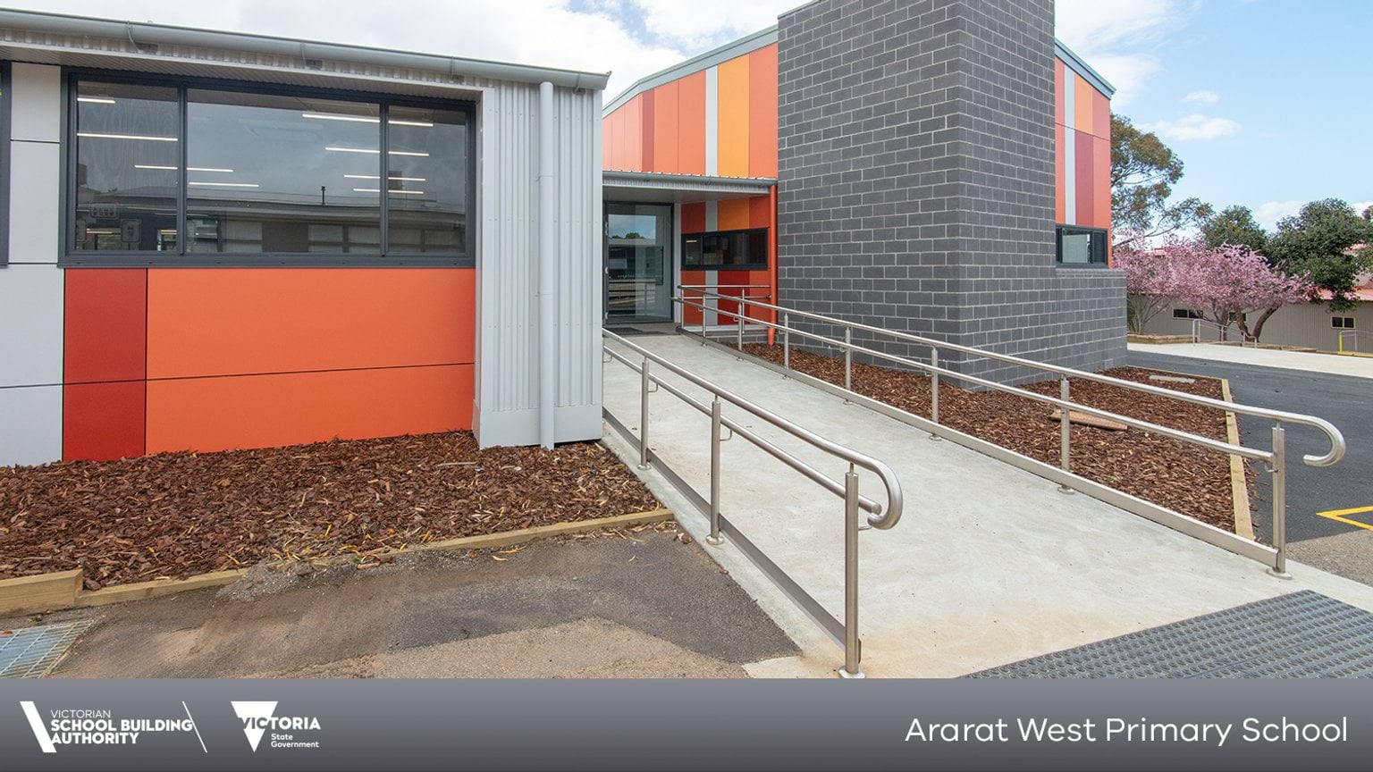 Completed modular building entry