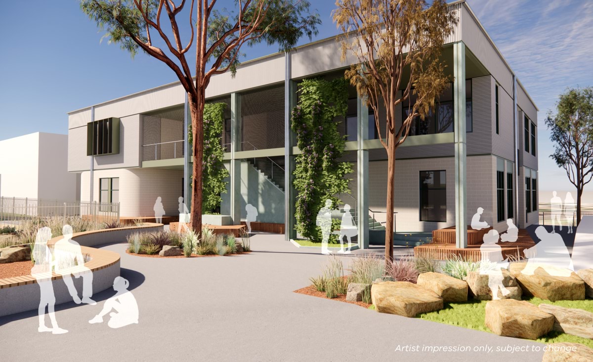 Concord School - upgrade, illustrated render of the courtyard