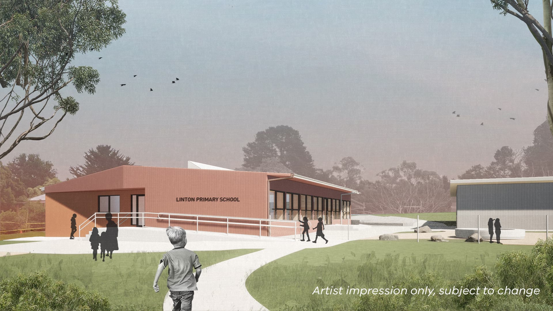 Linton Primary School - upgrade, illustrated render of new school exterior, white text reads artist impression only, subject to change