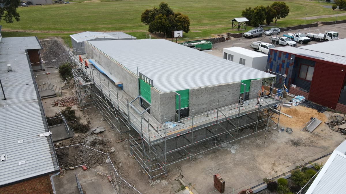 Orbost Community College - upgrade and modernisation, aerial photograph of construction of new building