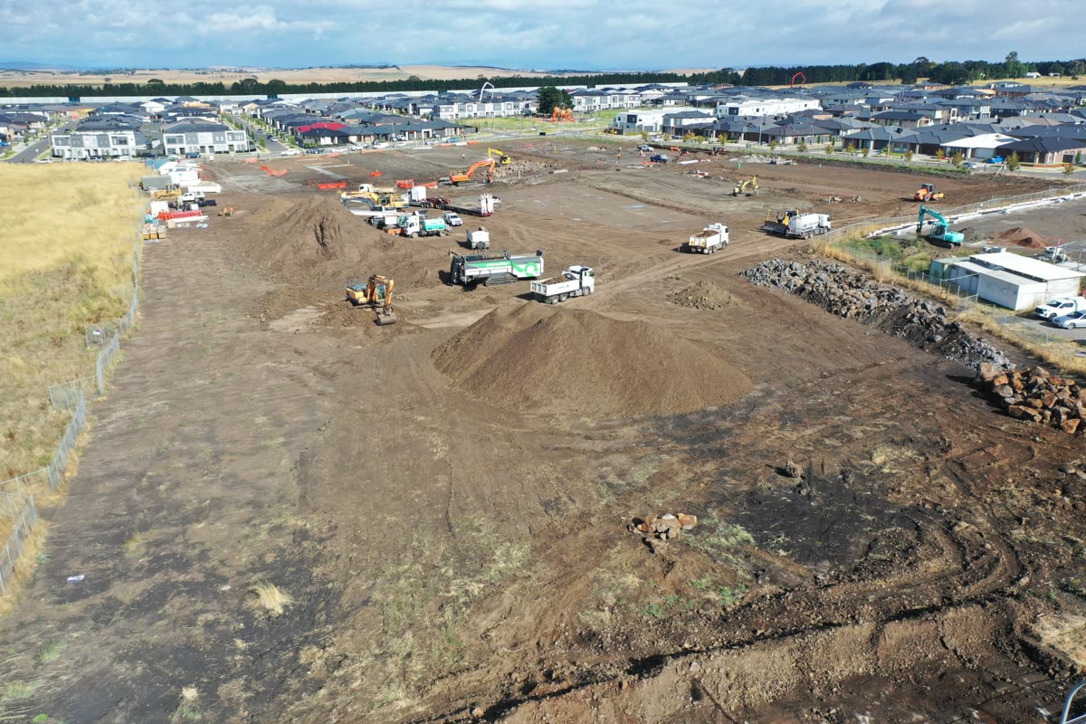 Lockerbie Central Primary School (interim name) - construction photo of site progress in February 2023 - aerial shot of site