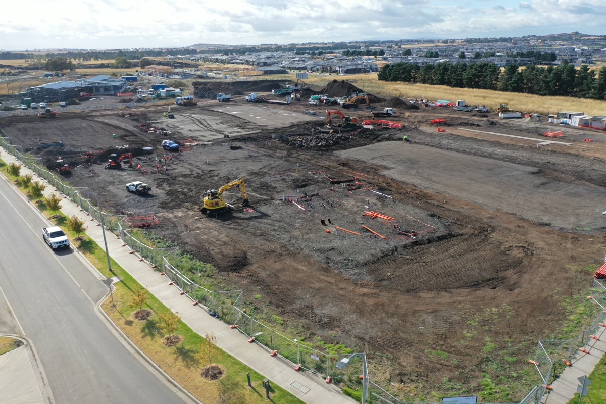 Lockerbie Central Primary School (interim name) - construction photo of site progress in February 2023 - aerial shot of site