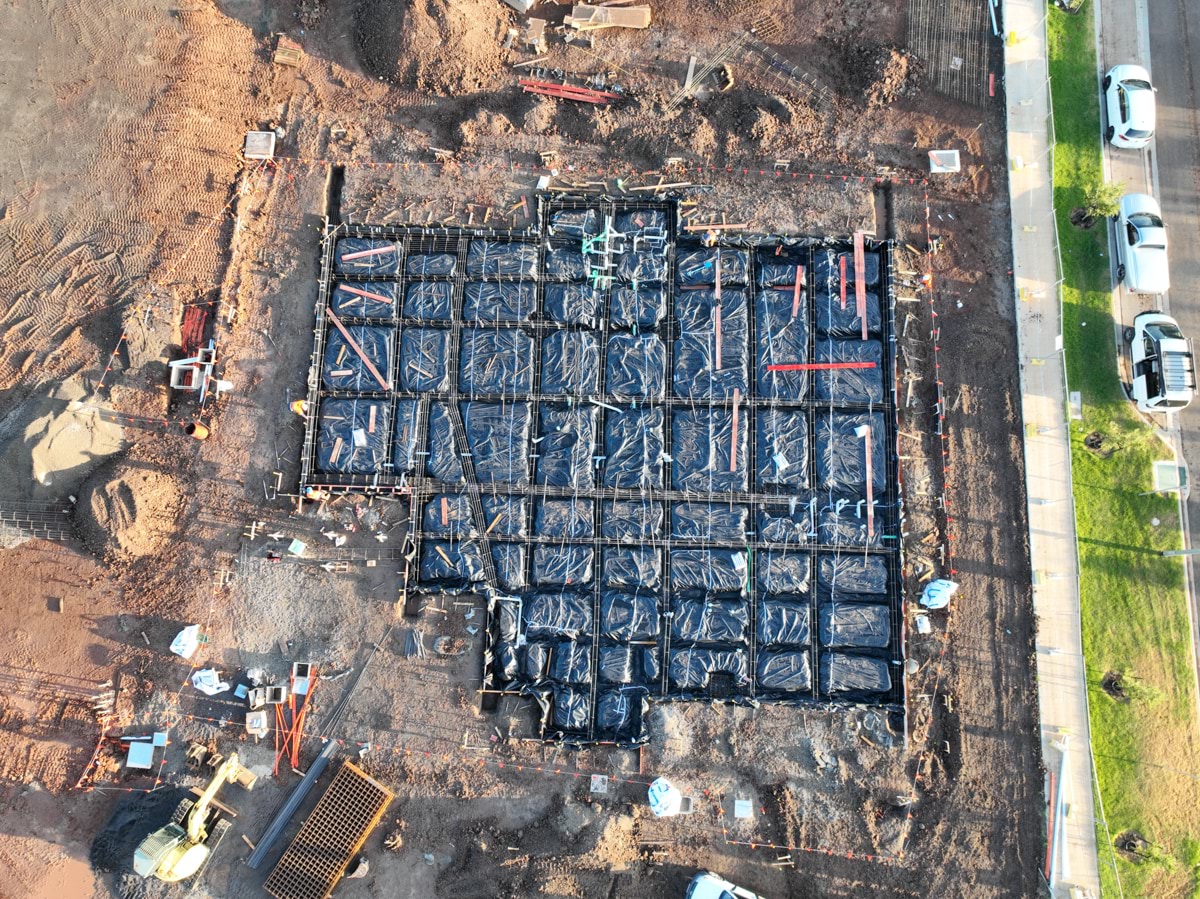 Tarneit North Primary School kindergarten (interim name) - construction photo of site progress in February 2023 - aerial shot of site