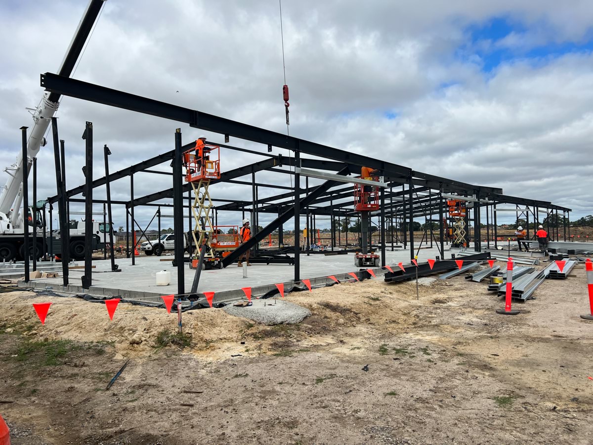 Officer Brunt Road Primary School (interim name) - construction photo in February 2023 showing a crane and an early building framework