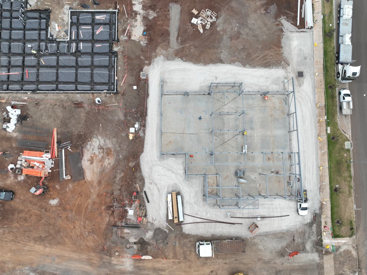 Tarneit North Primary School kindergarten (interim name) - construction photo of site progress in March 2023 - aerial shot of site