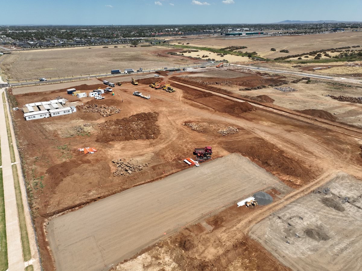 Truganina North Secondary School (interim name) - Senior Campus - aerial photo of the construction site in February 2023