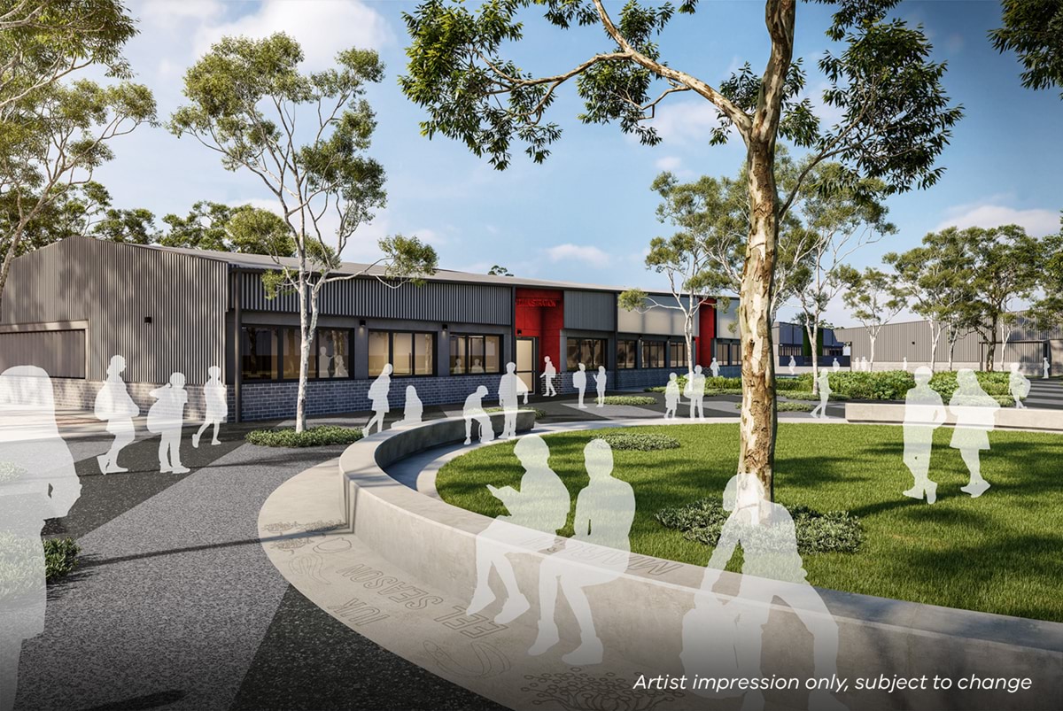 Truganina North Secondary School (interim name) - junior campus - Illustrated render, School entrance