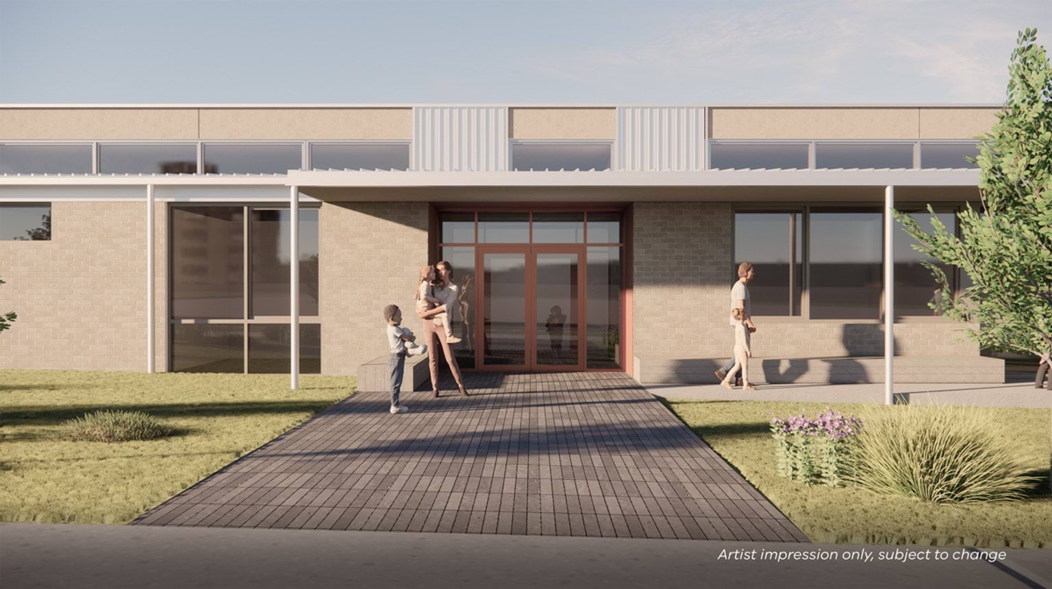 Render of school entrance. Thers is a red double door in the middle of a white brick building. There is a grey brick path leading from the street to the door.