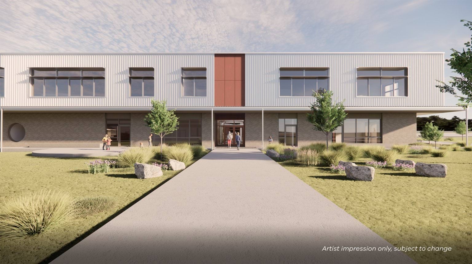 Render of outdoor area in front of school building. There is grass and rocks to the sides, and a pathway down the middle leading to the door.