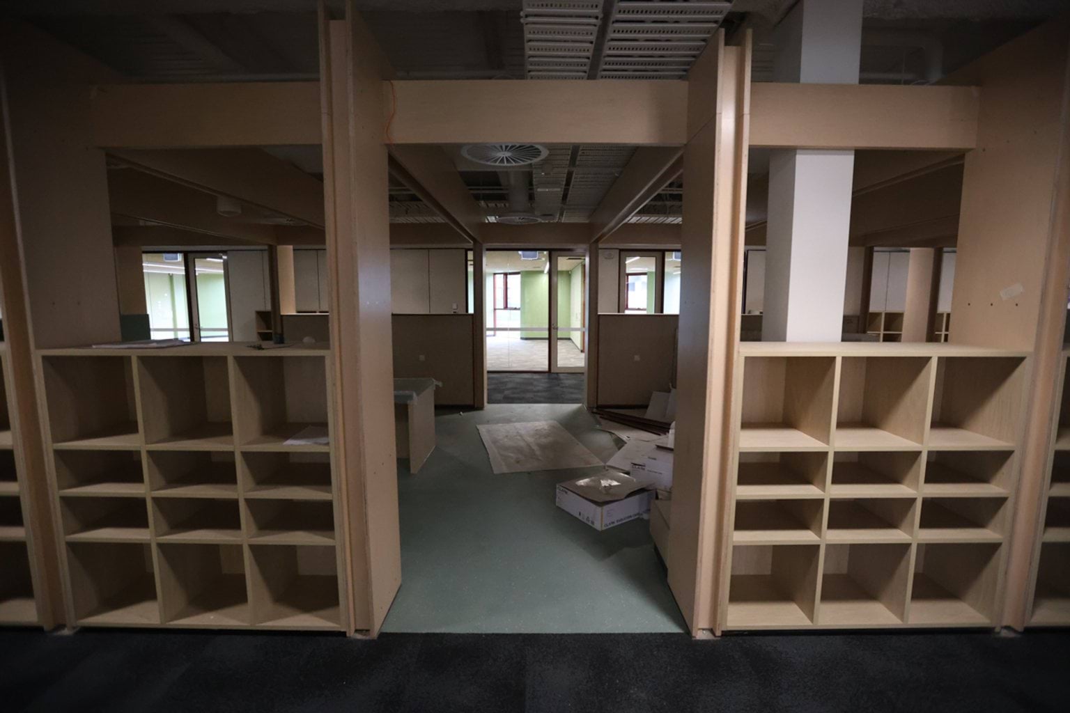 Indoor area with shelves, carpet, and dropsheets